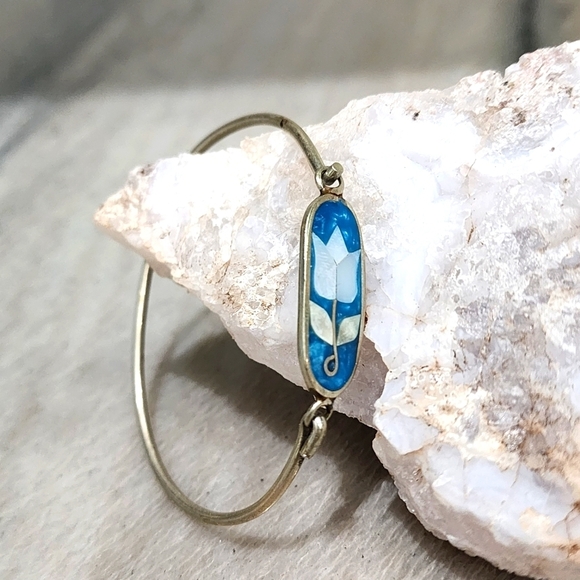 Mother of Pearl Floral Elegance Artisan Metal Bangle - Picture 1 of 7